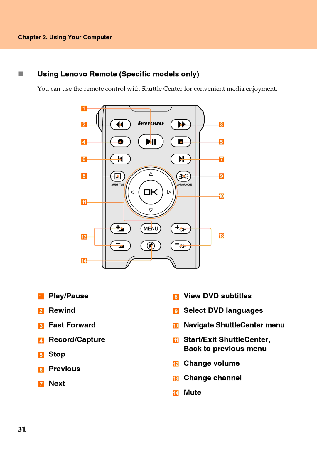 Lenovo Y710 warranty „ Using Lenovo Remote Specific models only, Navigate ShuttleCenter menu 