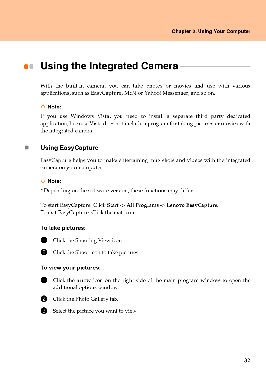 Lenovo Y710 warranty Using the Integrated Camera, „ Using EasyCapture, To take pictures, To view your pictures 