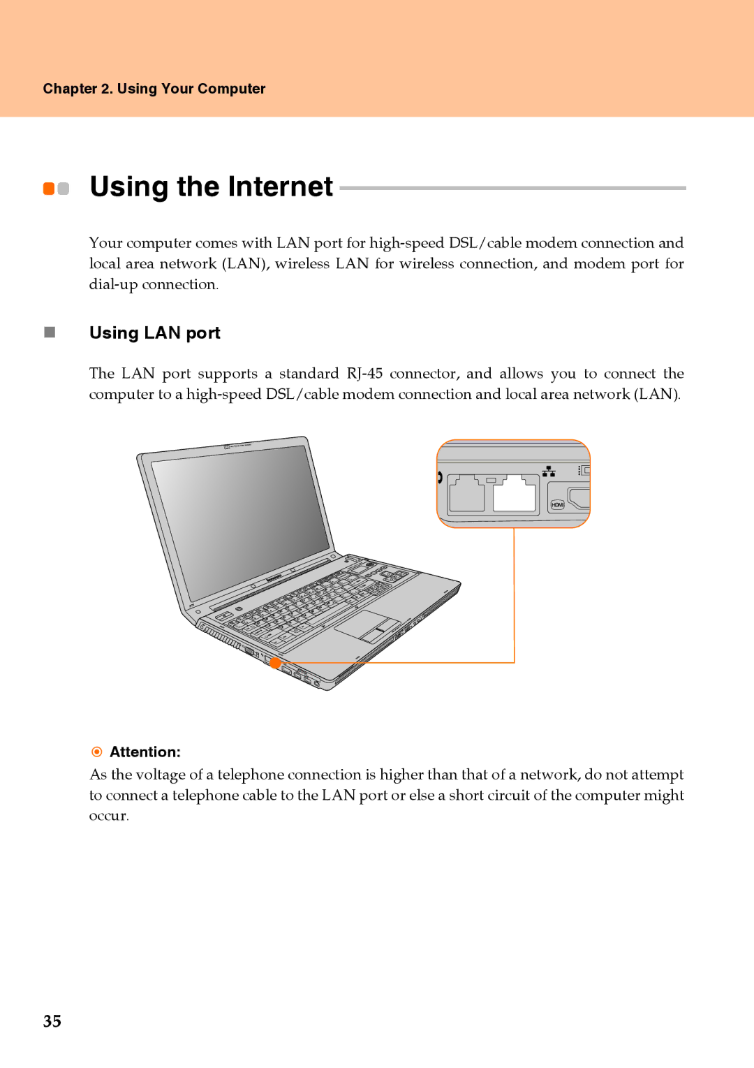 Lenovo Y710 warranty Using the Internet, „ Using LAN port 