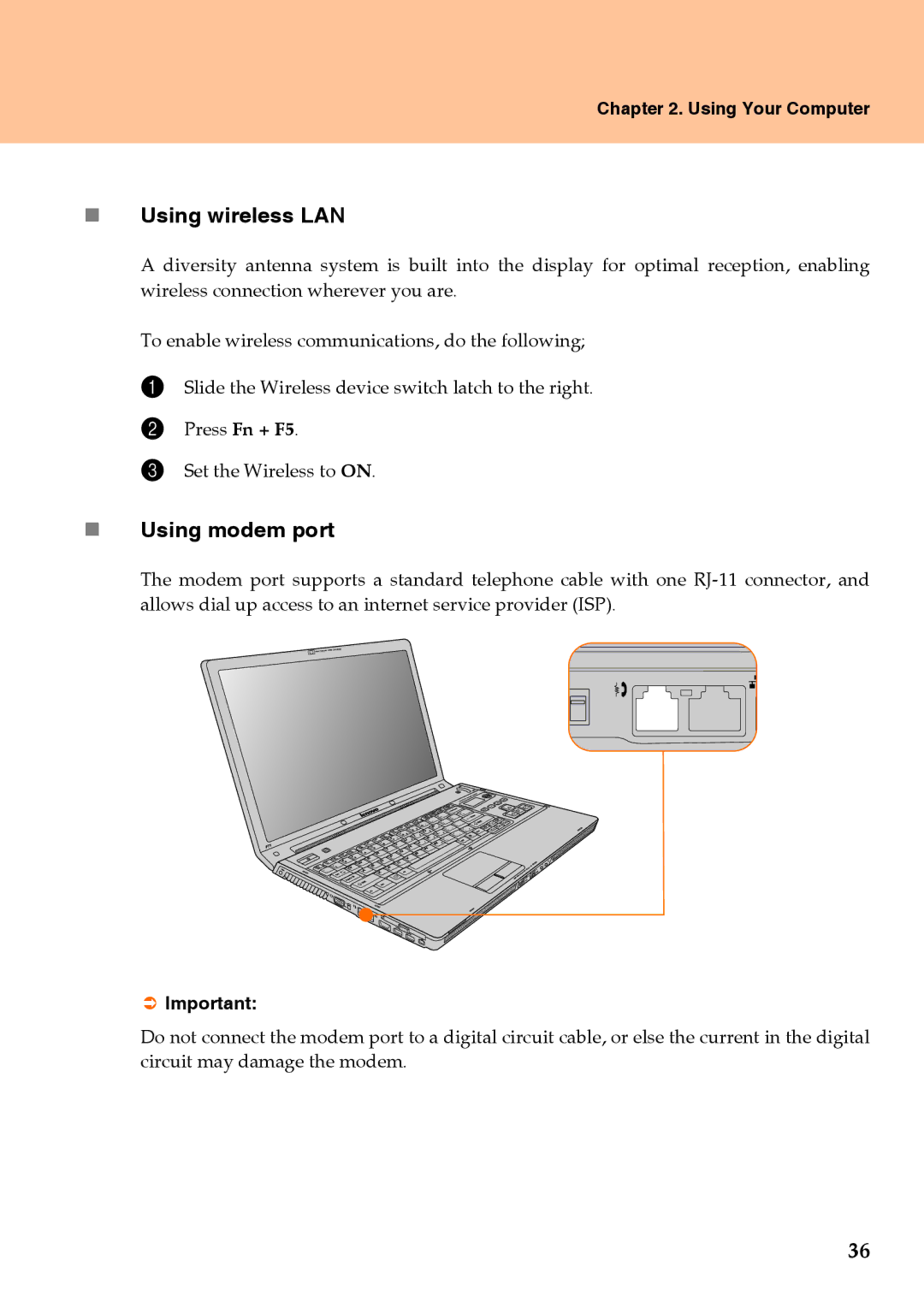 Lenovo Y710 warranty „ Using wireless LAN, „ Using modem port 