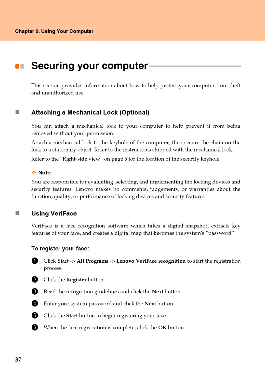 Lenovo Y710 warranty Securing your computer, „ Using VeriFace, To register your face 