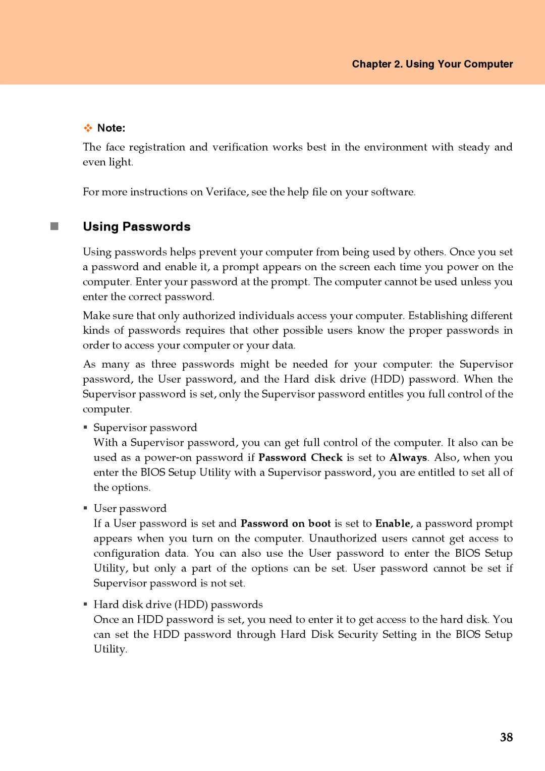 Lenovo Y710 warranty „ Using Passwords 