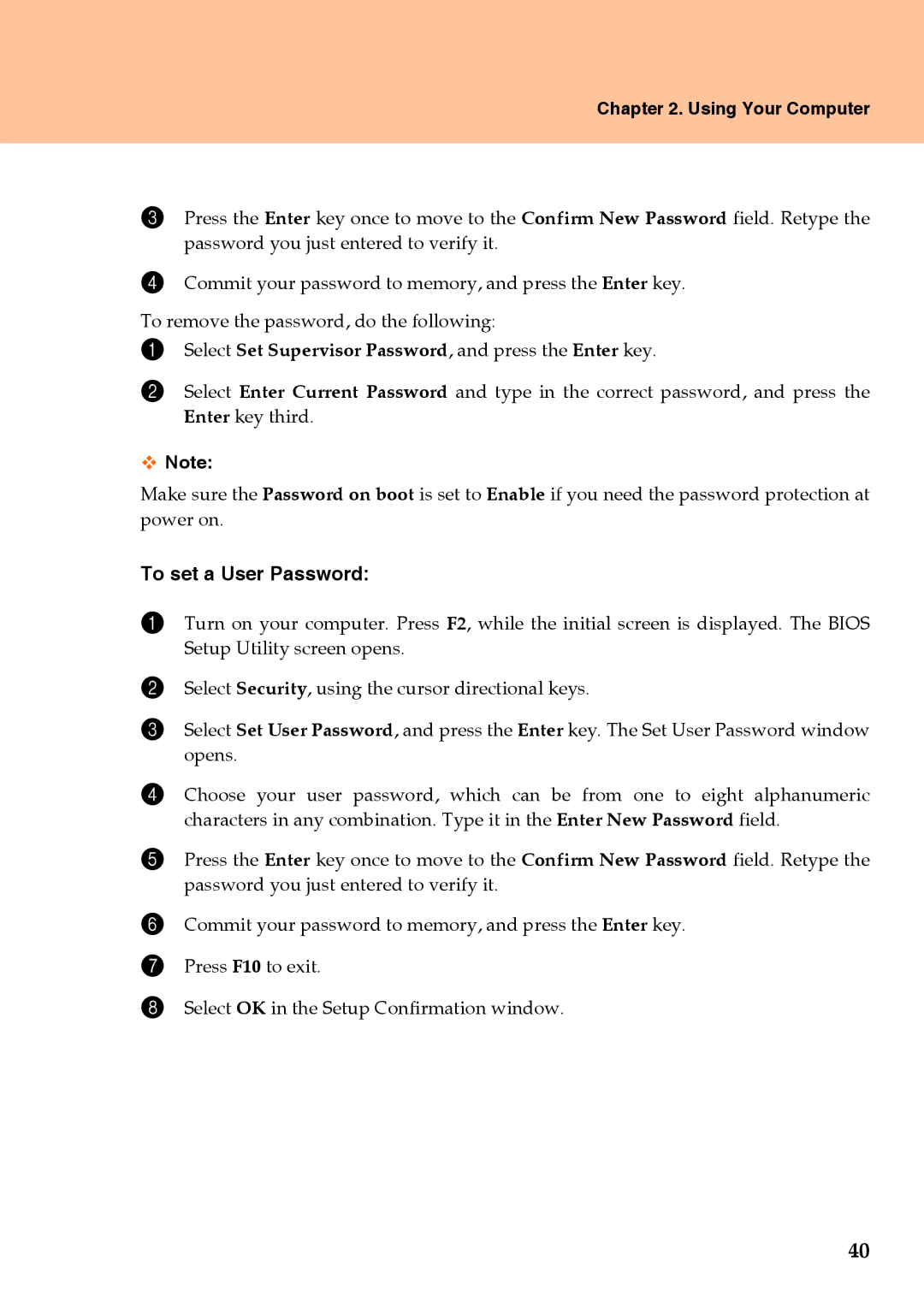 Lenovo Y710 warranty To set a User Password, Select Set Supervisor Password, and press the Enter key 