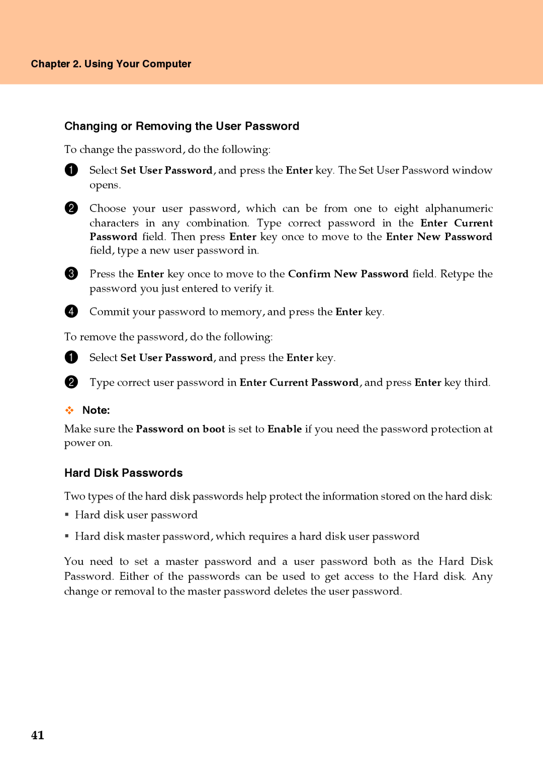 Lenovo Y710 warranty Changing or Removing the User Password, Hard Disk Passwords 