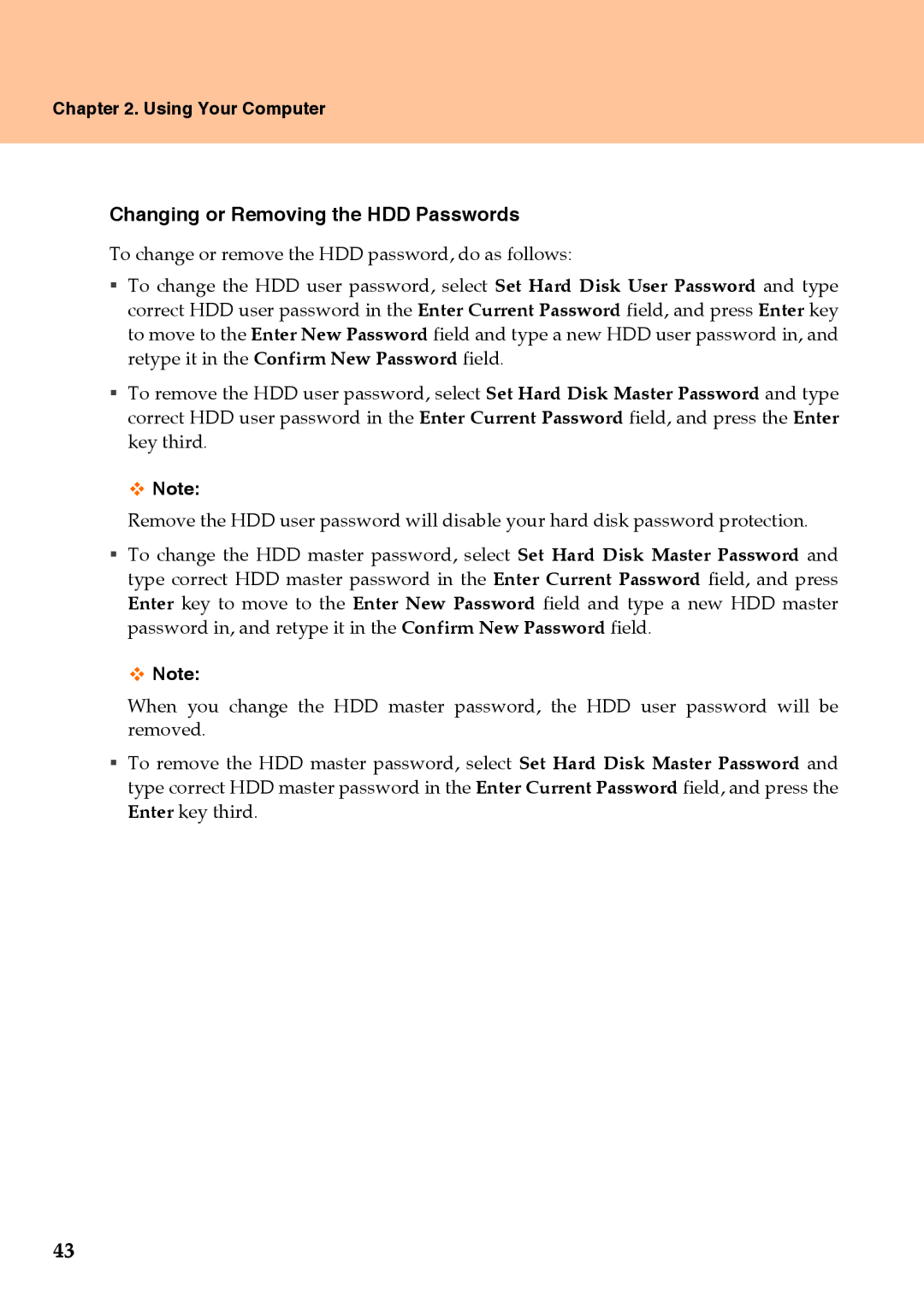 Lenovo Y710 warranty Changing or Removing the HDD Passwords 