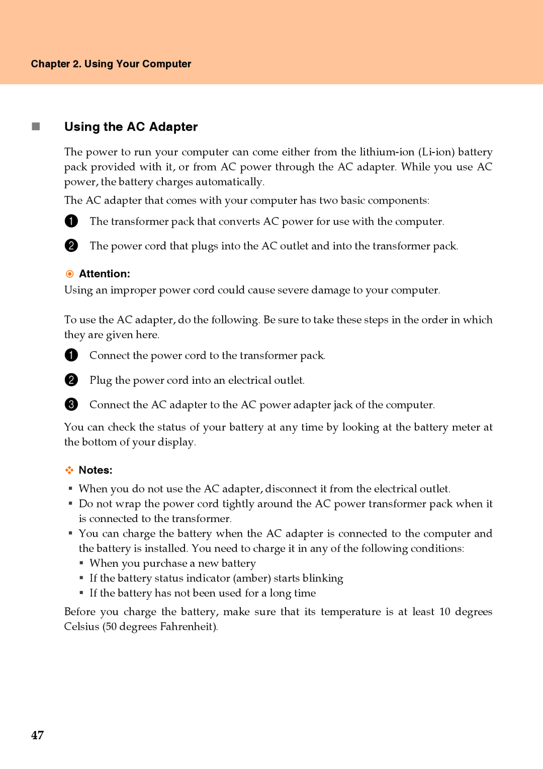 Lenovo Y710 warranty „ Using the AC Adapter 