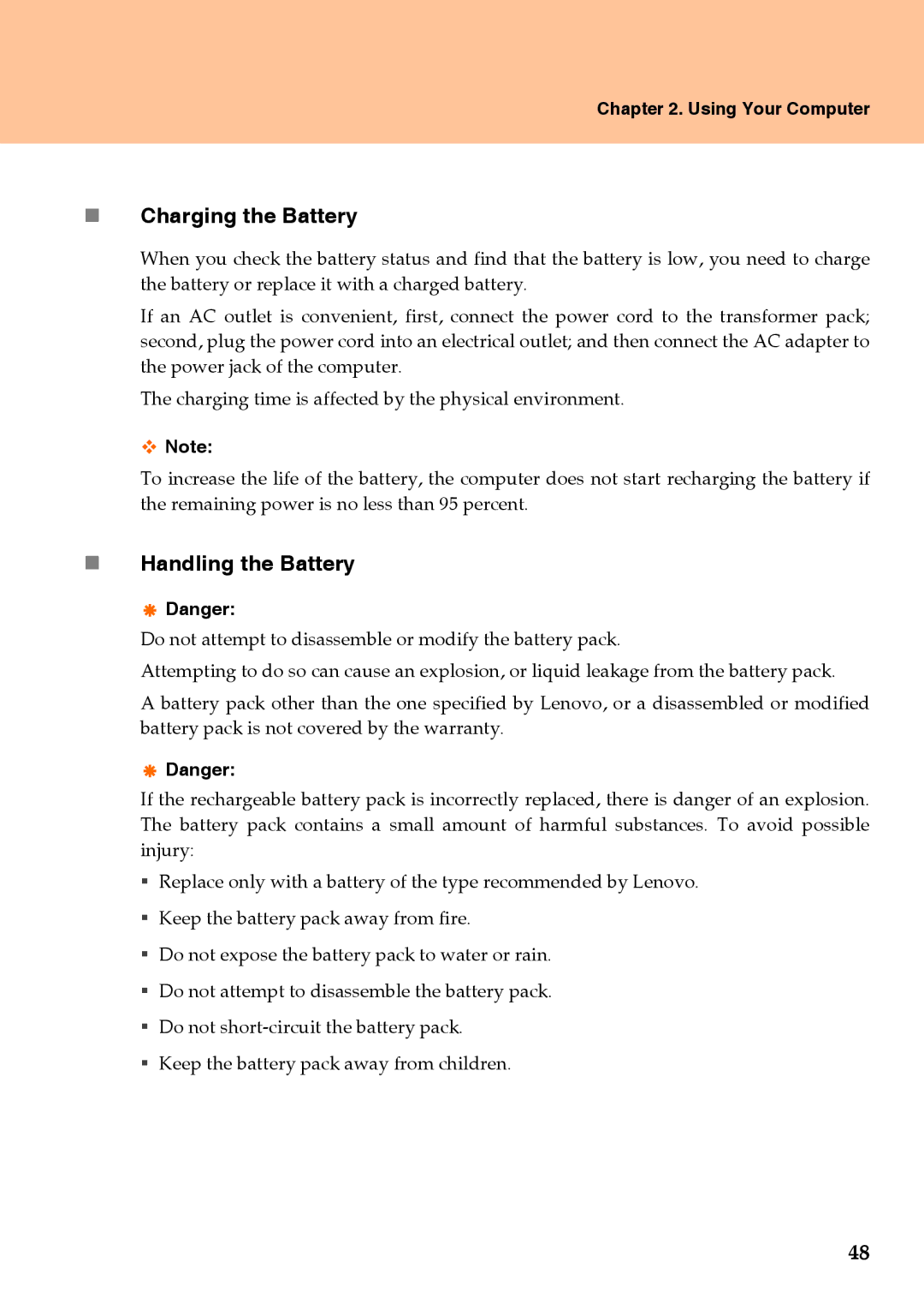 Lenovo Y710 warranty „ Charging the Battery, „ Handling the Battery 