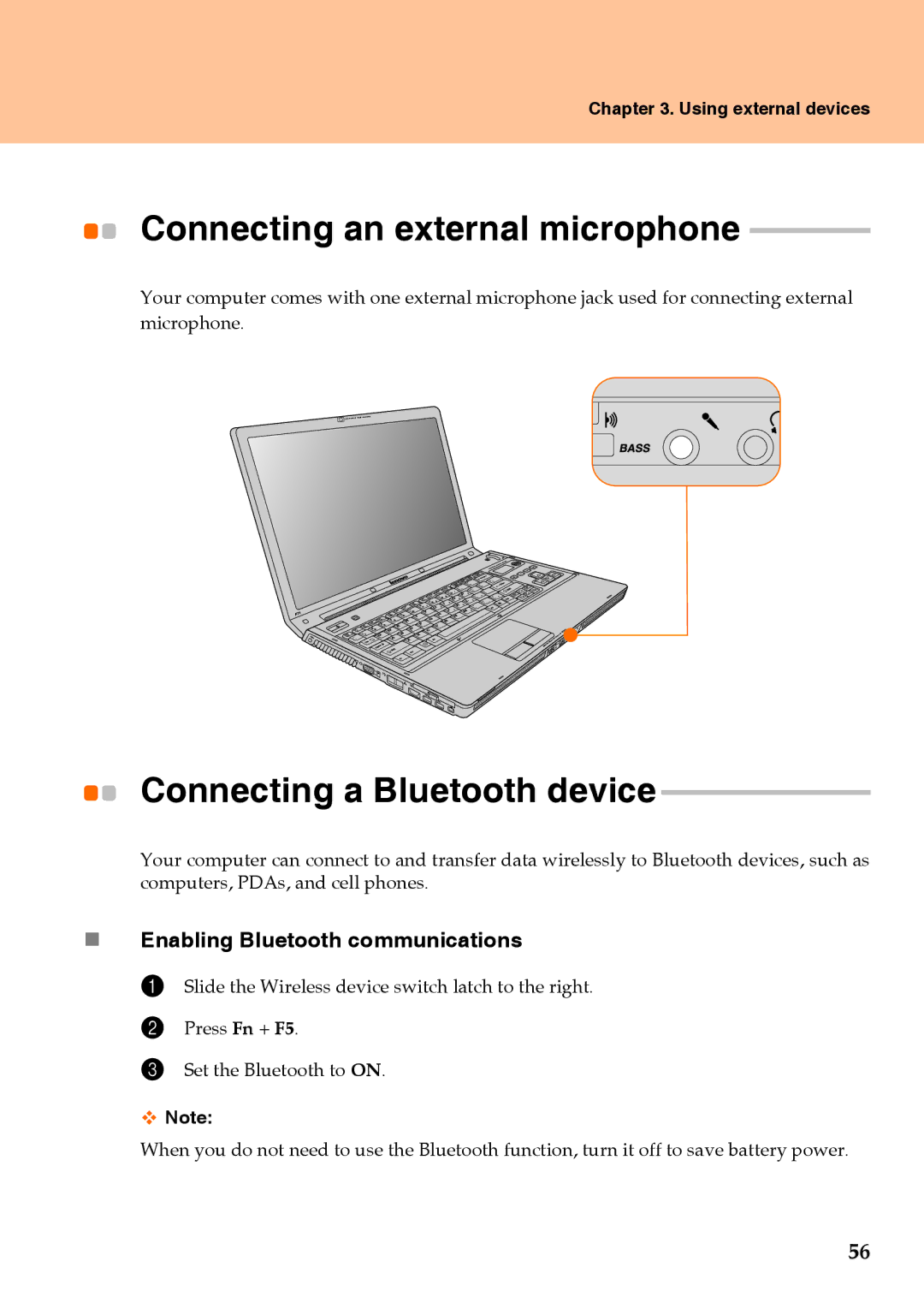 Lenovo Y710 warranty Connecting an external microphone, „ Enabling Bluetooth communications 