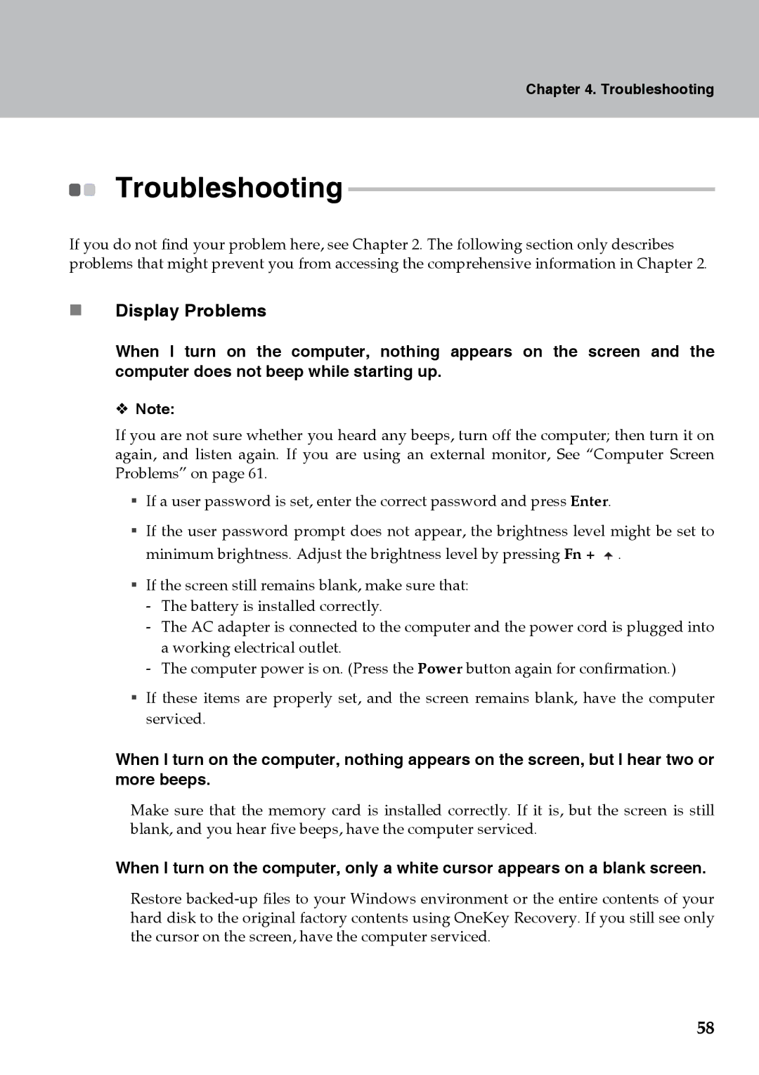 Lenovo Y710 warranty „ Display Problems, Troubleshooting, ™ Note 