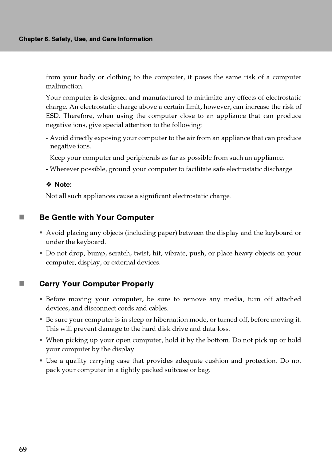 Lenovo Y710 warranty „ Be Gentle with Your Computer, „ Carry Your Computer Properly, Safety, Use, and Care Information 