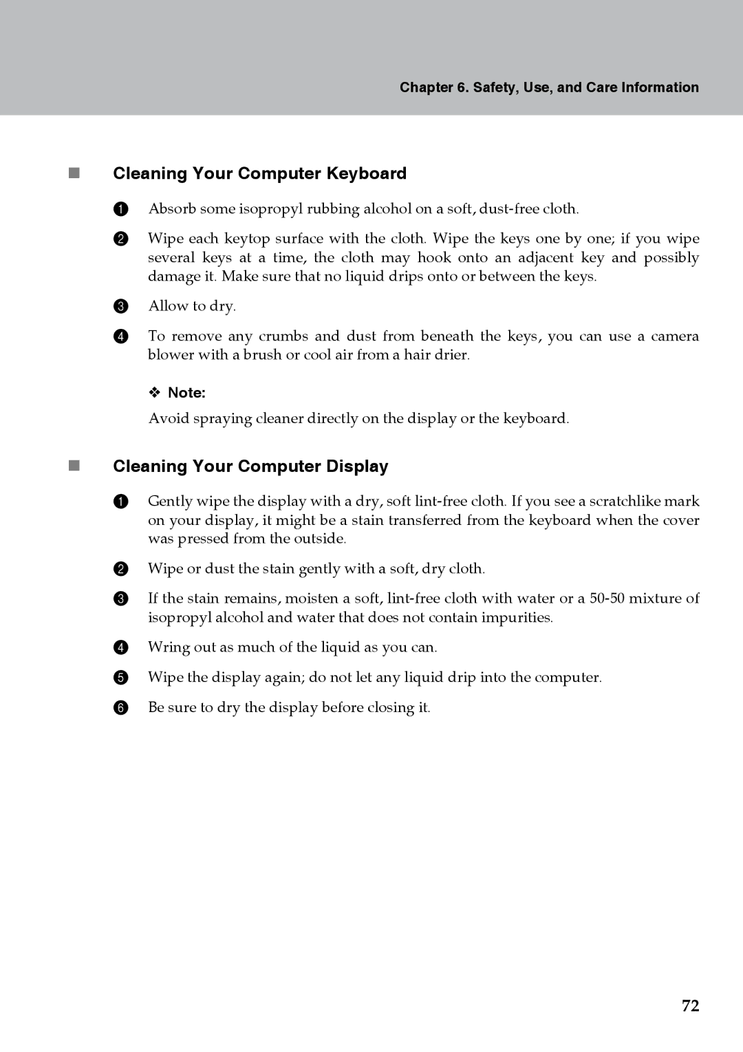 Lenovo Y710 warranty „ Cleaning Your Computer Keyboard, „ Cleaning Your Computer Display 