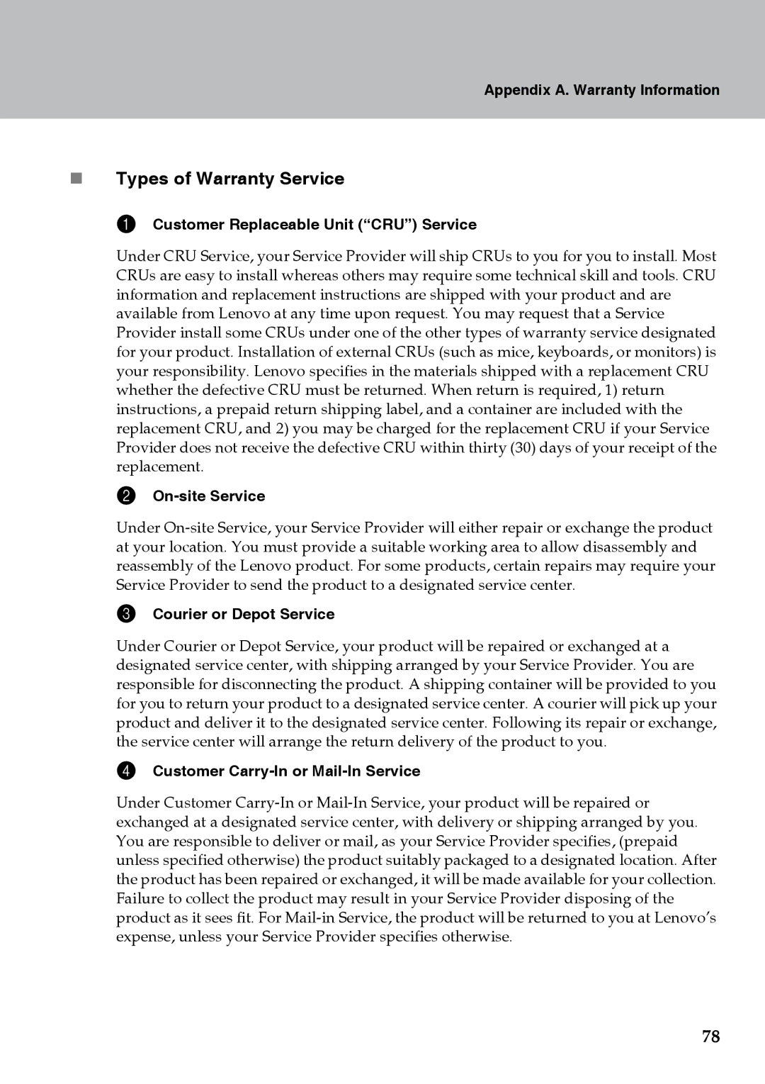 Lenovo Y710 warranty „ Types of Warranty Service 