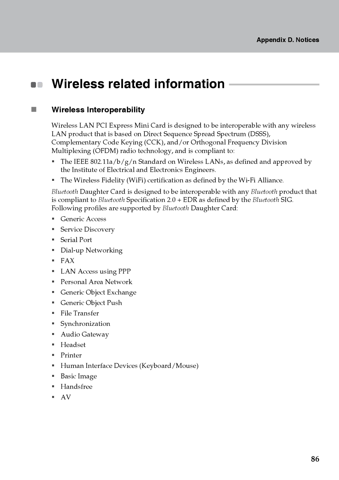 Lenovo Y710 warranty Wireless related information, „ Wireless Interoperability 