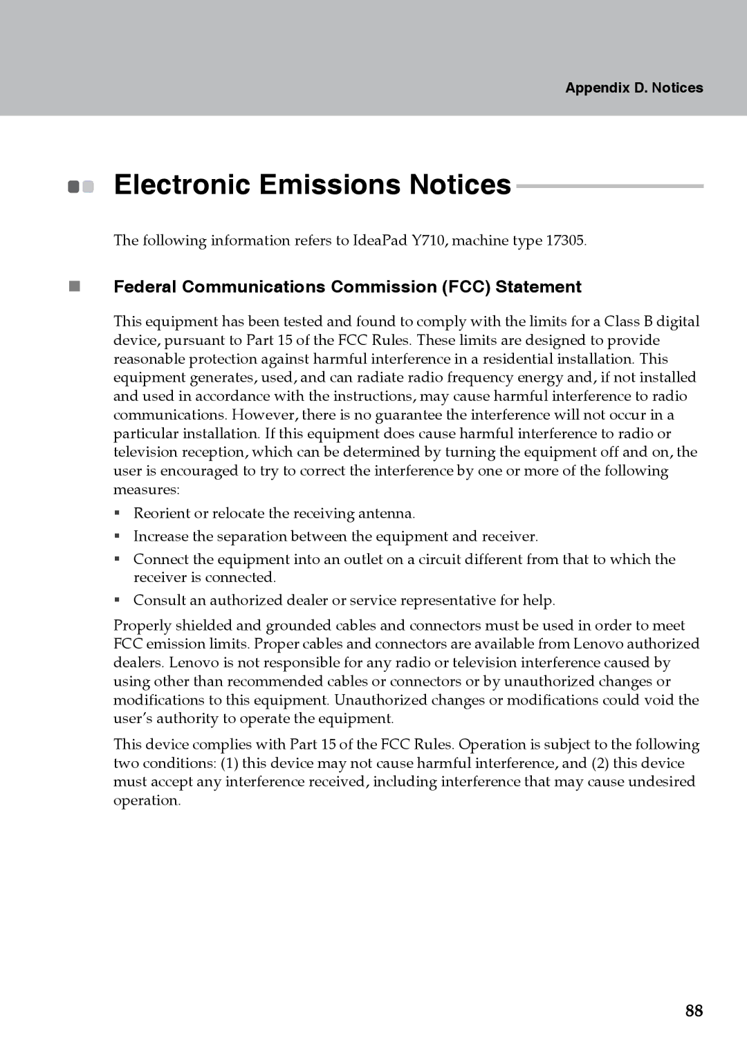 Lenovo Y710 warranty Electronic Emissions Notices, „ Federal Communications Commission FCC Statement 