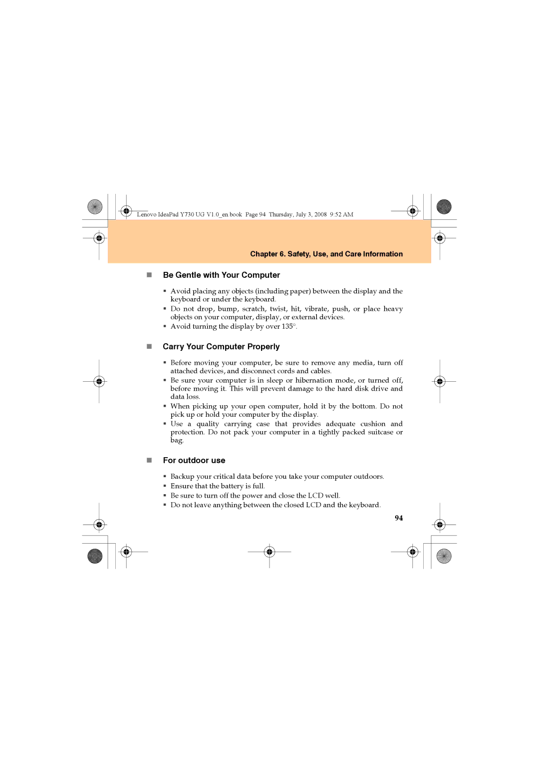 Lenovo Y730 manual „ Be Gentle with Your Computer, „ Carry Your Computer Properly, „ For outdoor use 