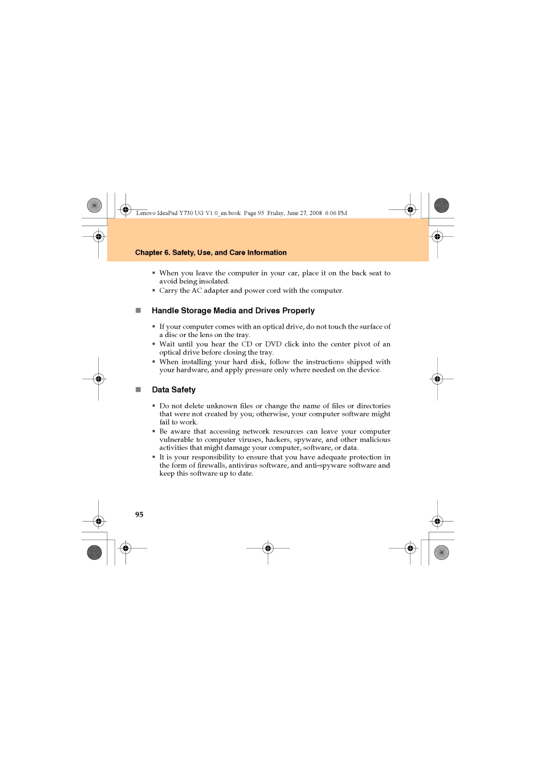 Lenovo Y730 manual „ Handle Storage Media and Drives Properly, „ Data Safety 