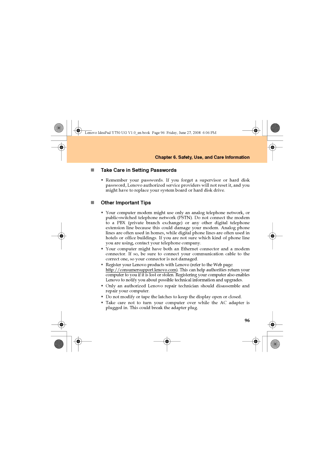 Lenovo Y730 manual „ Take Care in Setting Passwords, „ Other Important Tips 