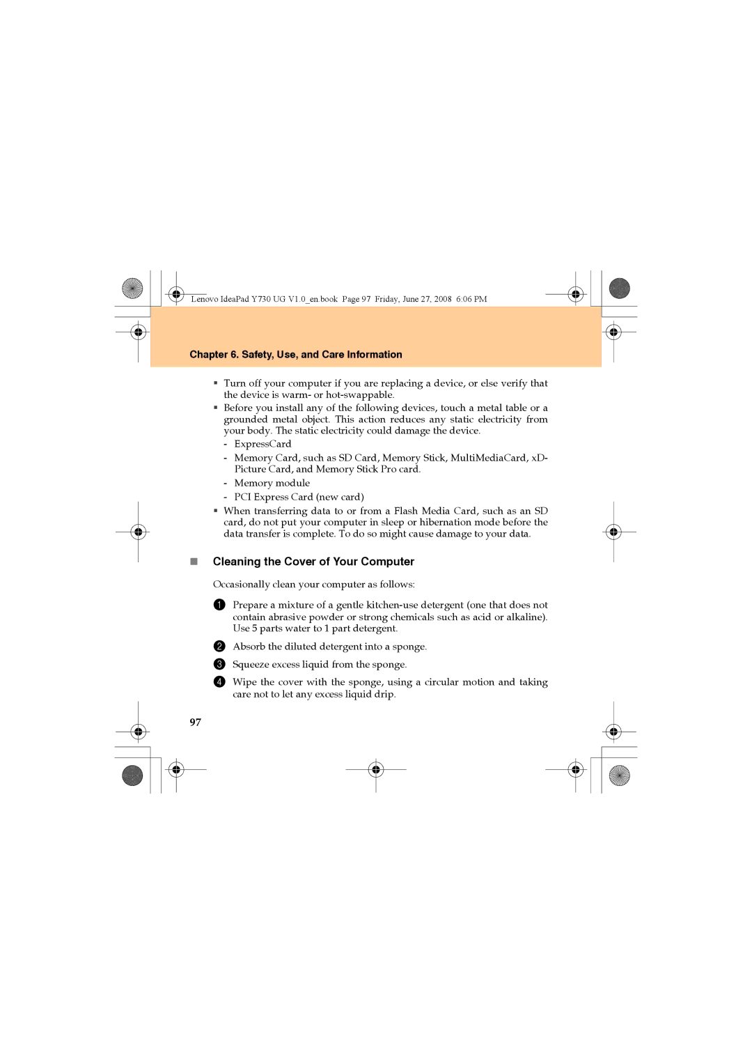 Lenovo Y730 manual „ Cleaning the Cover of Your Computer 