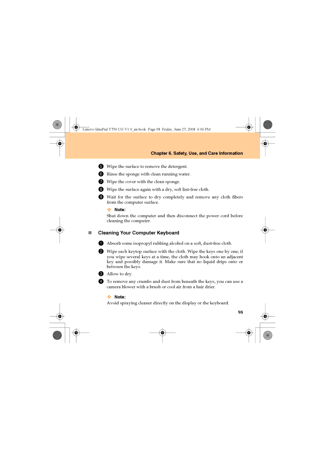 Lenovo Y730 manual „ Cleaning Your Computer Keyboard 