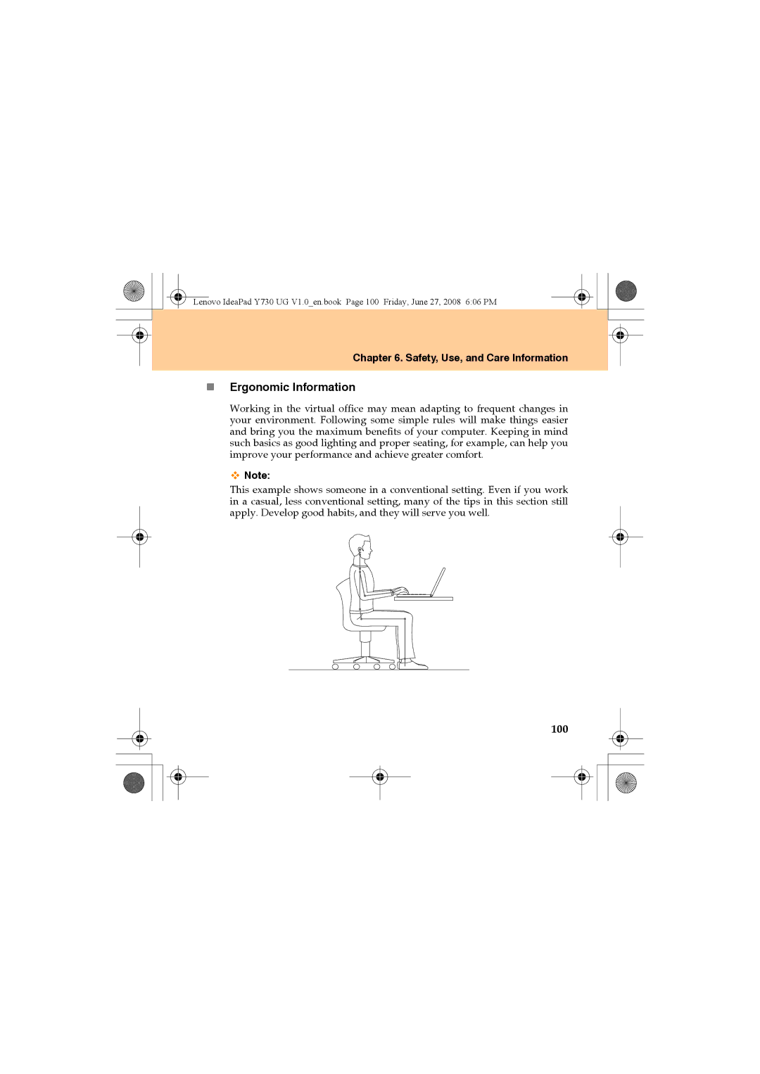 Lenovo Y730 manual „ Ergonomic Information, 100 