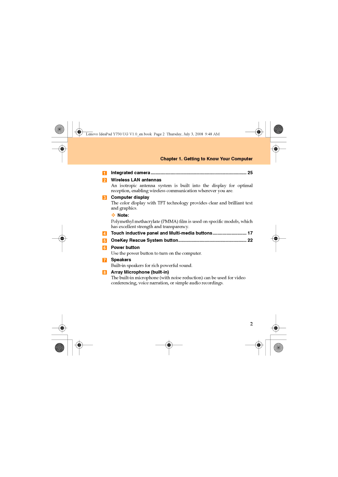Lenovo Y730 manual Getting to Know Your Computer, Wireless LAN antennas, Computer display, Power button, Speakers 