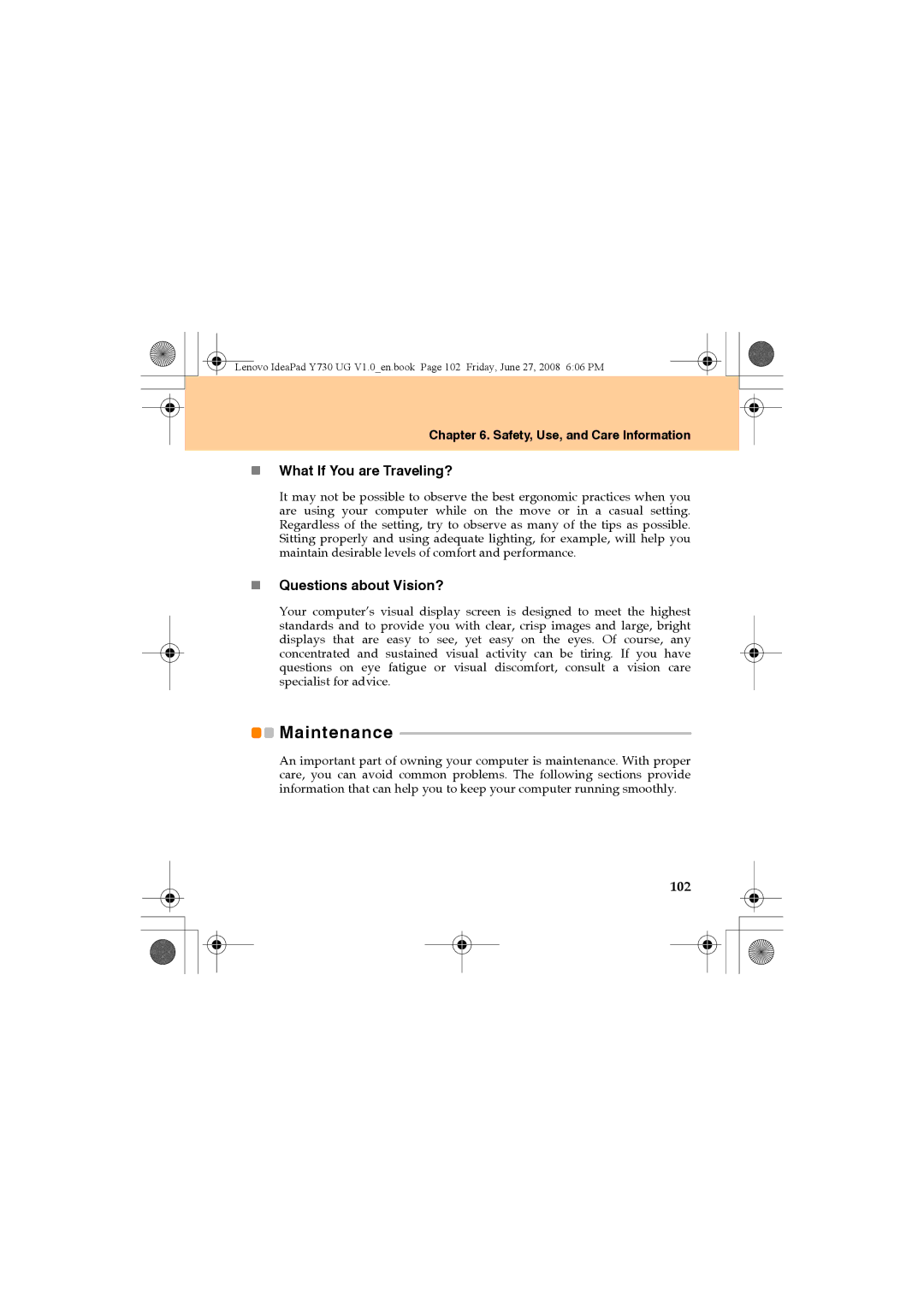 Lenovo Y730 manual Maintenance, „ What If You are Traveling?, „ Questions about Vision?, 102 