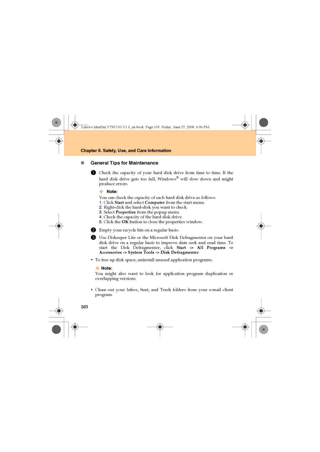 Lenovo Y730 manual „ General Tips for Maintenance, 103 
