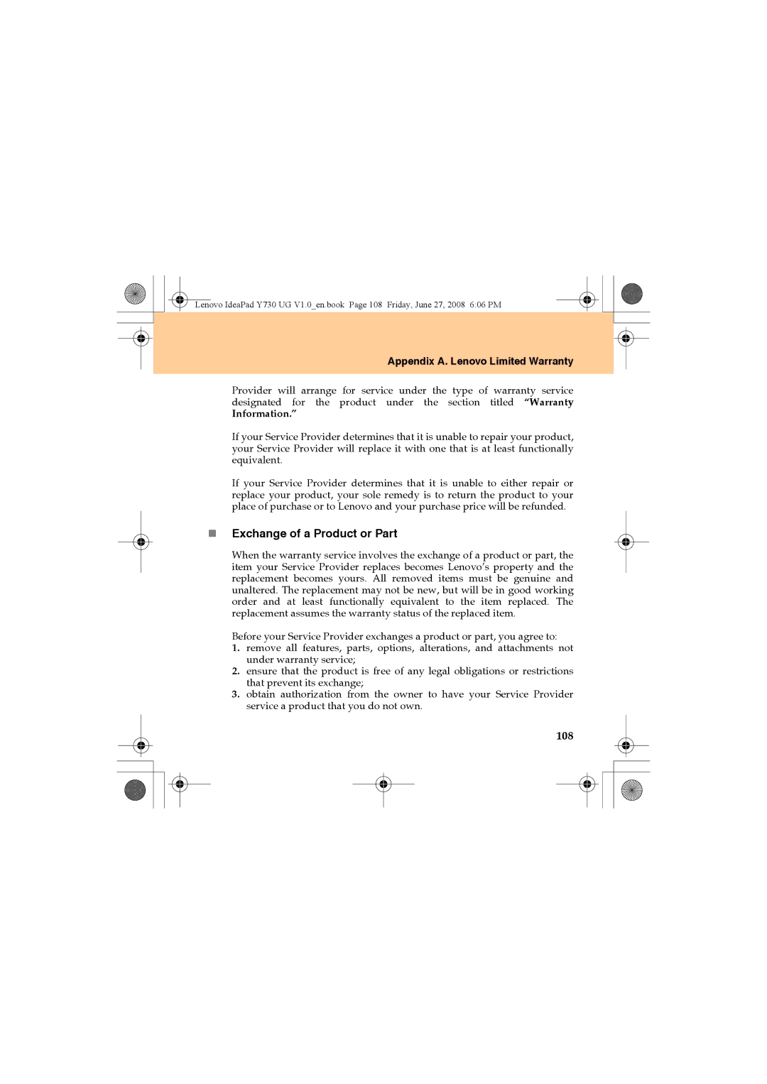 Lenovo Y730 manual „ Exchange of a Product or Part, 108 