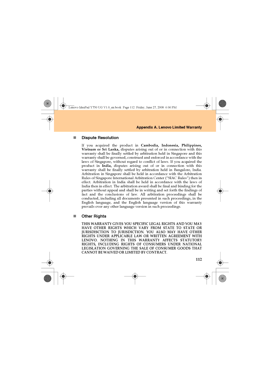 Lenovo Y730 manual „ Dispute Resolution, „ Other Rights, 112 