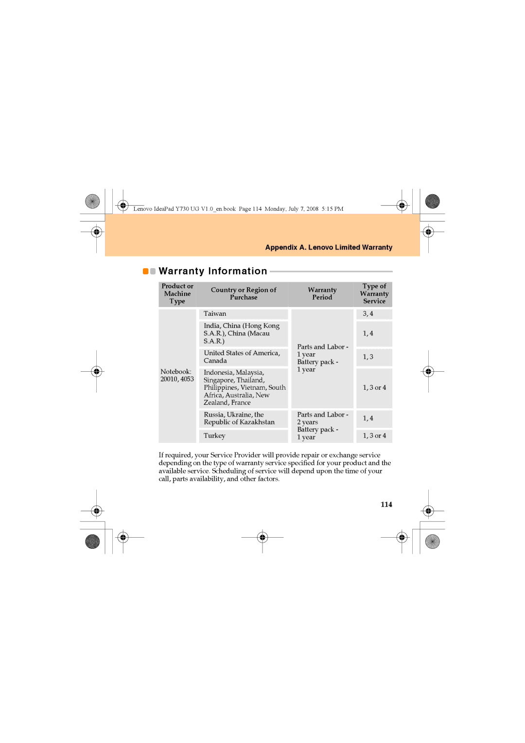 Lenovo Y730 manual Warranty Information, 114 