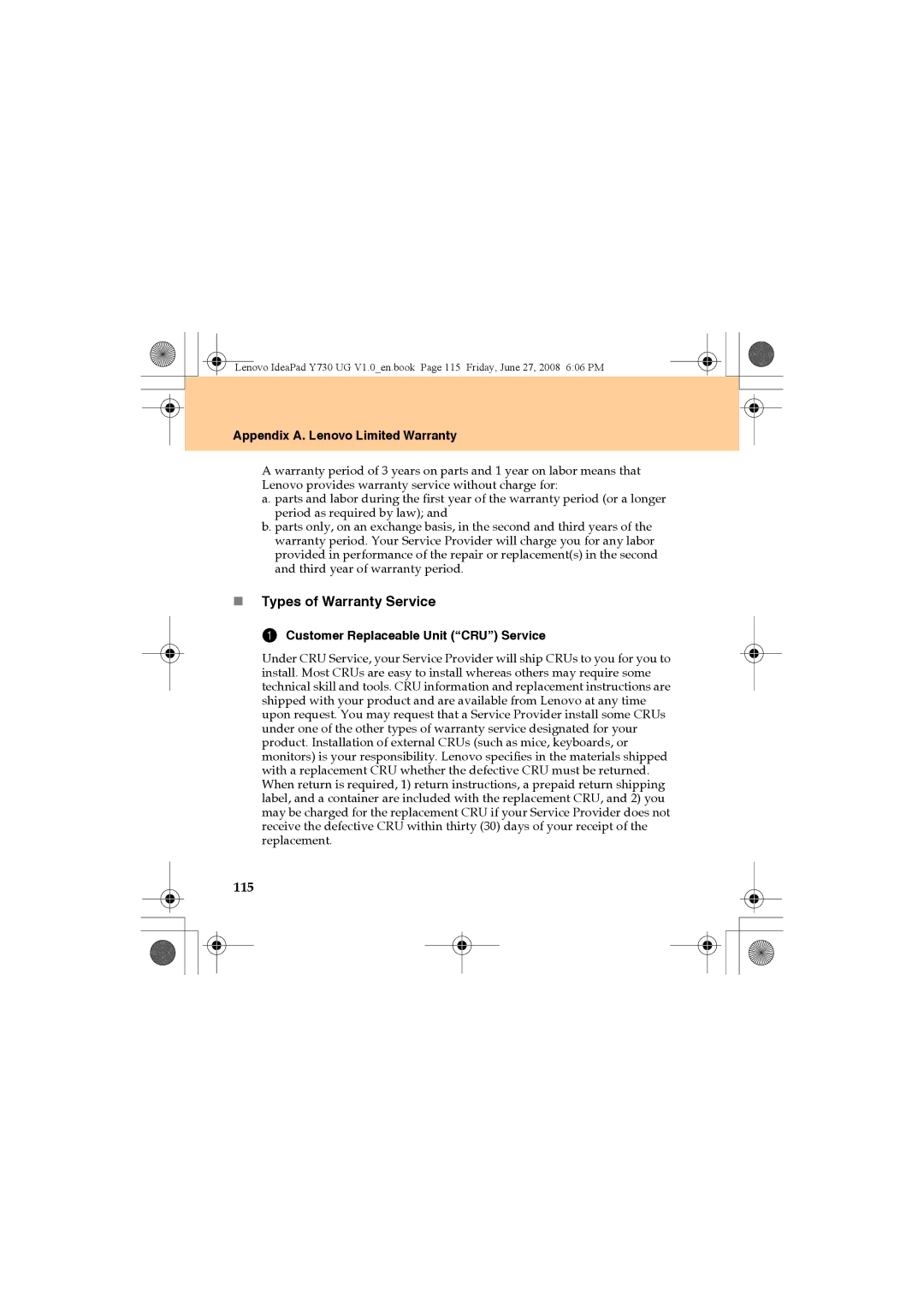 Lenovo Y730 manual „ Types of Warranty Service, 115, Customer Replaceable Unit CRU Service 