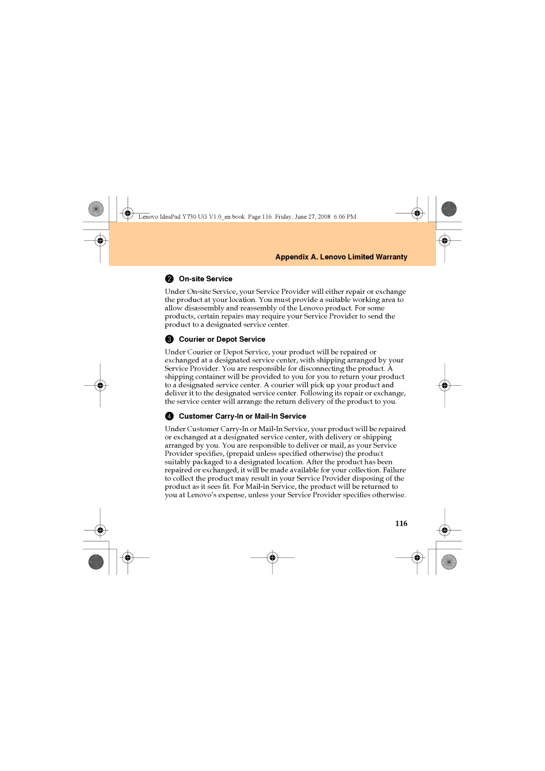 Lenovo Y730 manual 116, Appendix A. Lenovo Limited Warranty On-site Service, Courier or Depot Service 