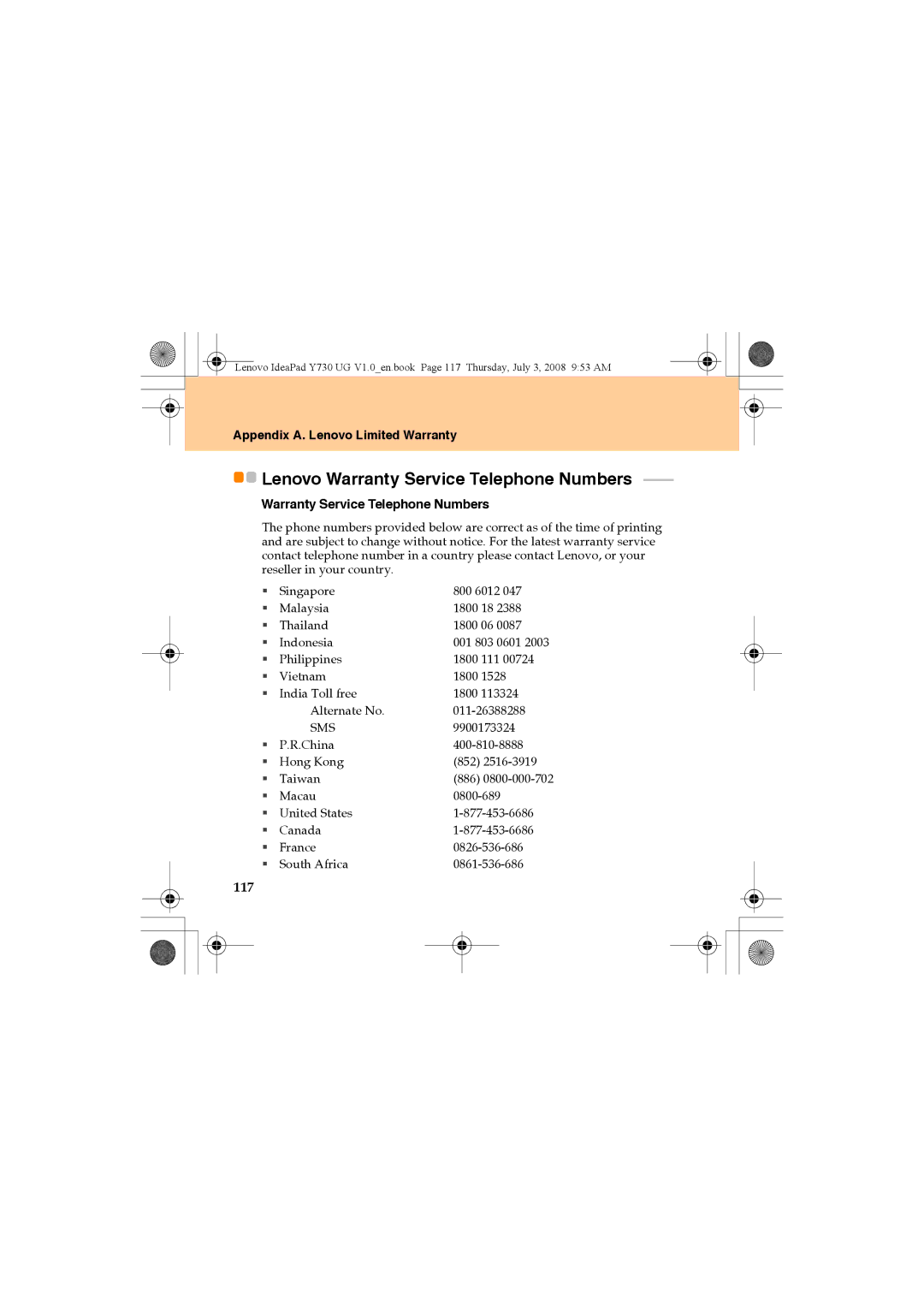 Lenovo Y730 manual 117, Warranty Service Telephone Numbers 