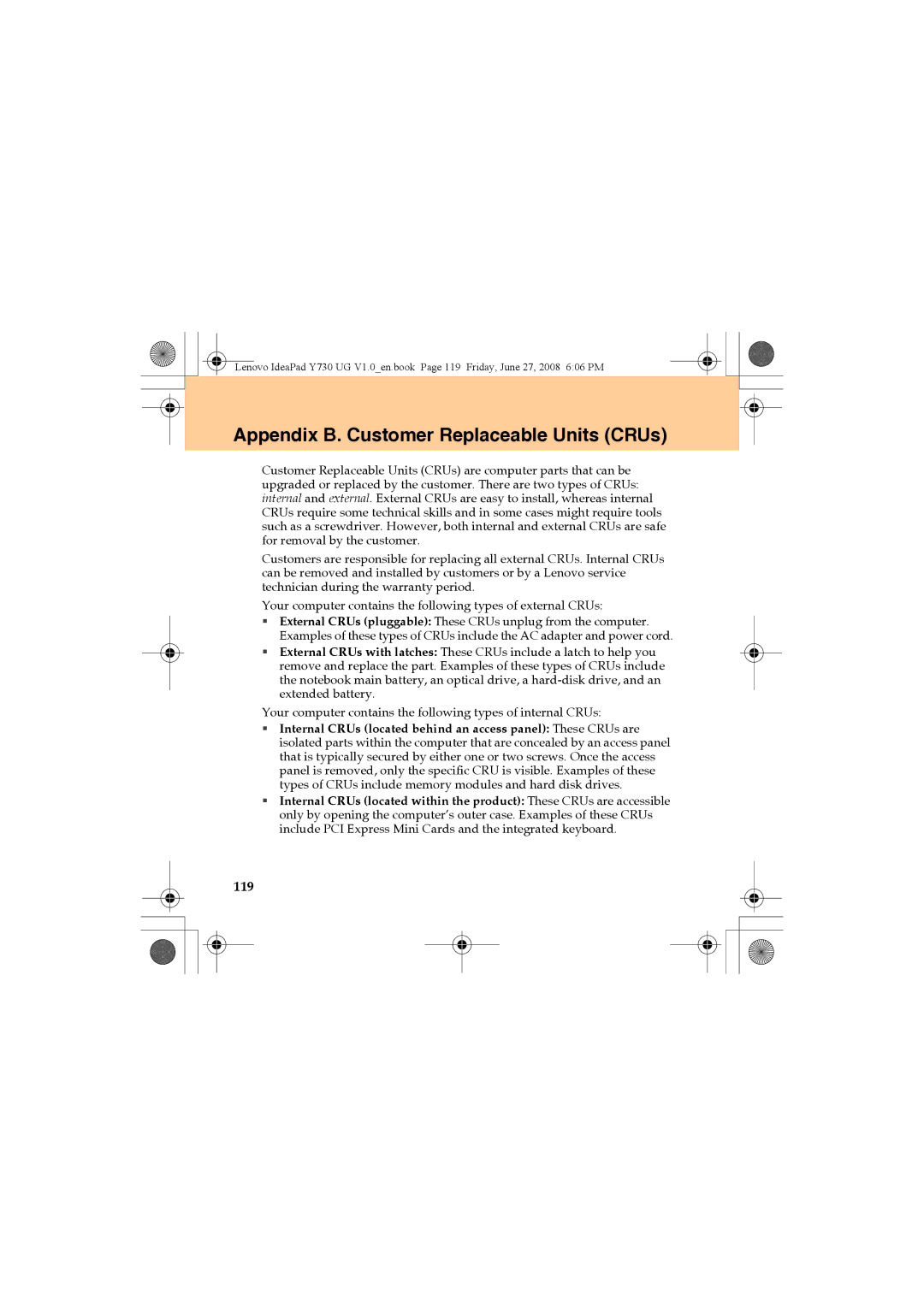 Lenovo Y730 manual Appendix B. Customer Replaceable Units CRUs, 119 