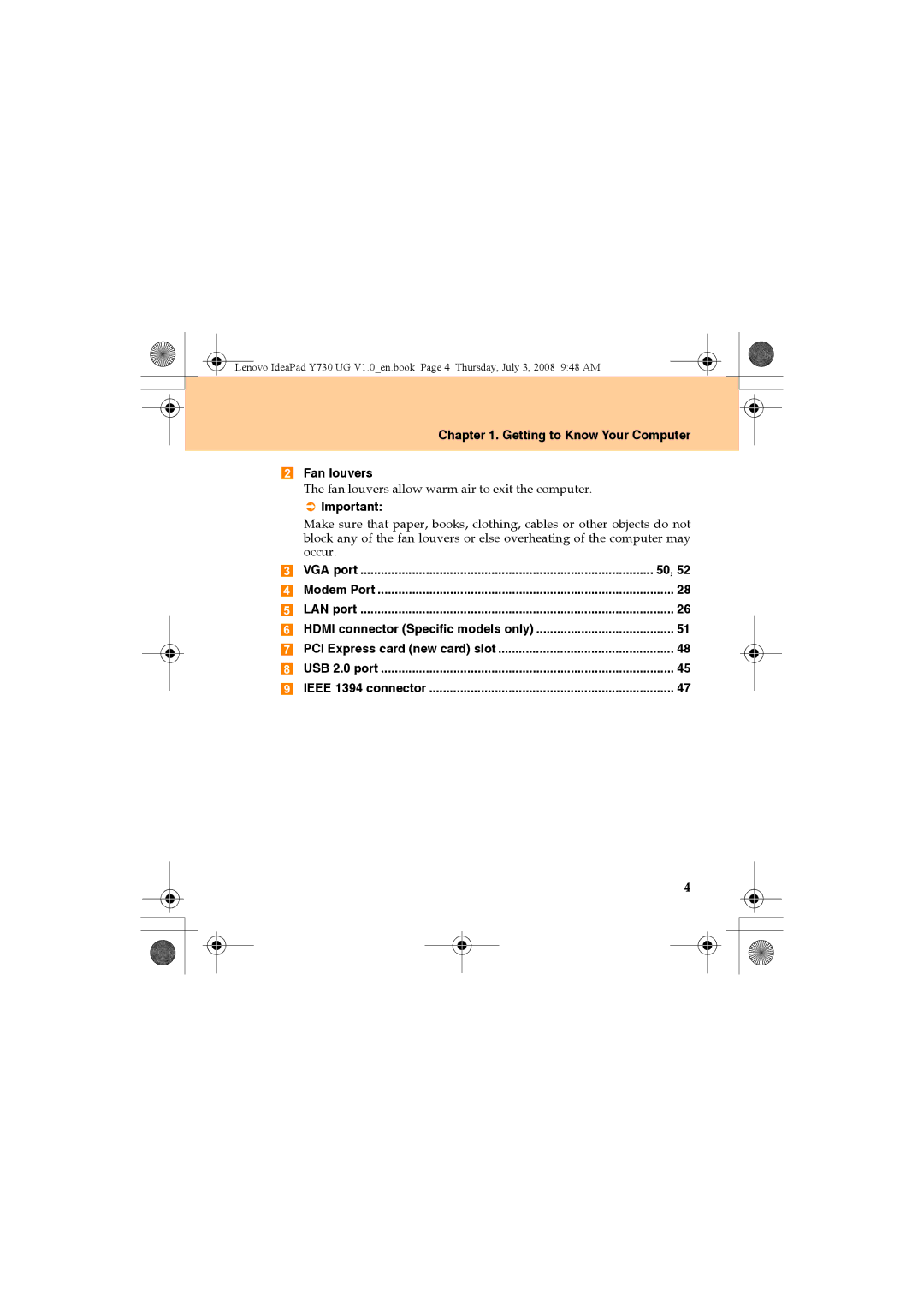 Lenovo Y730 manual Getting to Know Your Computer Fan louvers, VGA port 