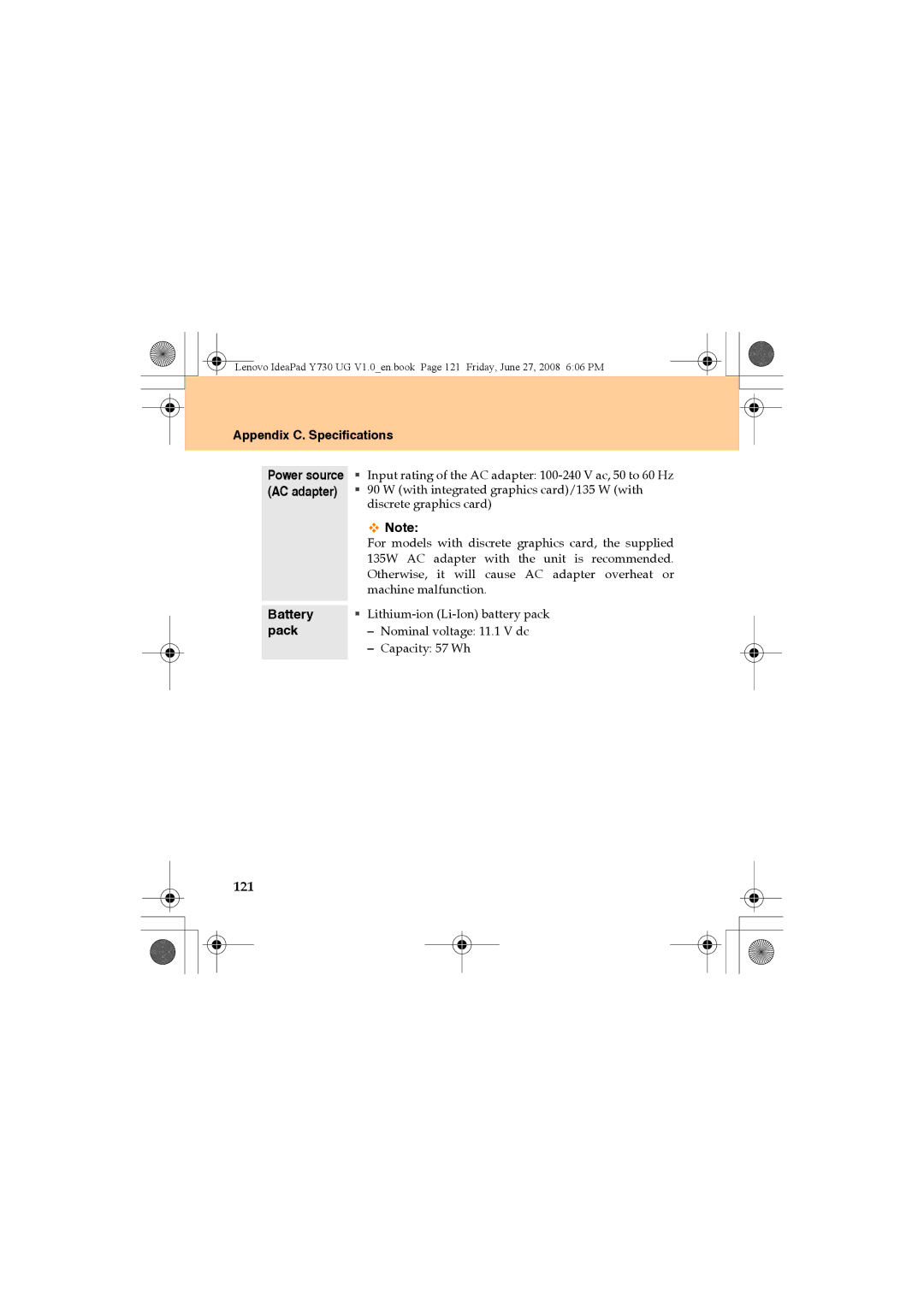 Lenovo Y730 manual 121, Appendix C. Specifications, Battery, Pack 