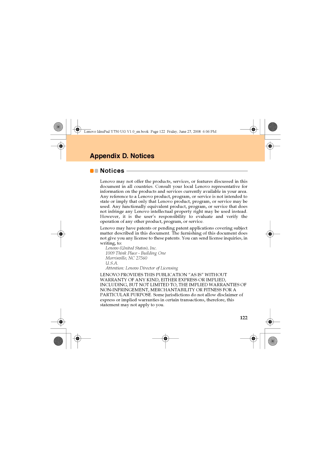 Lenovo Y730 manual Appendix D. Notices, 122 