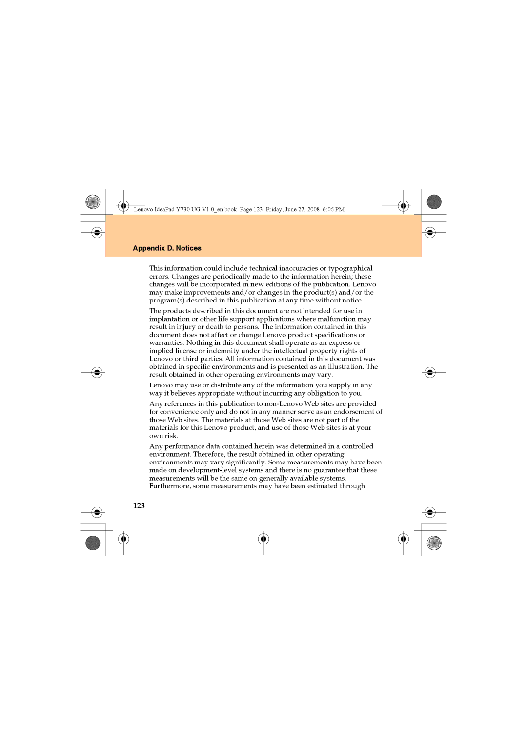 Lenovo Y730 manual 123, Appendix D. Notices 