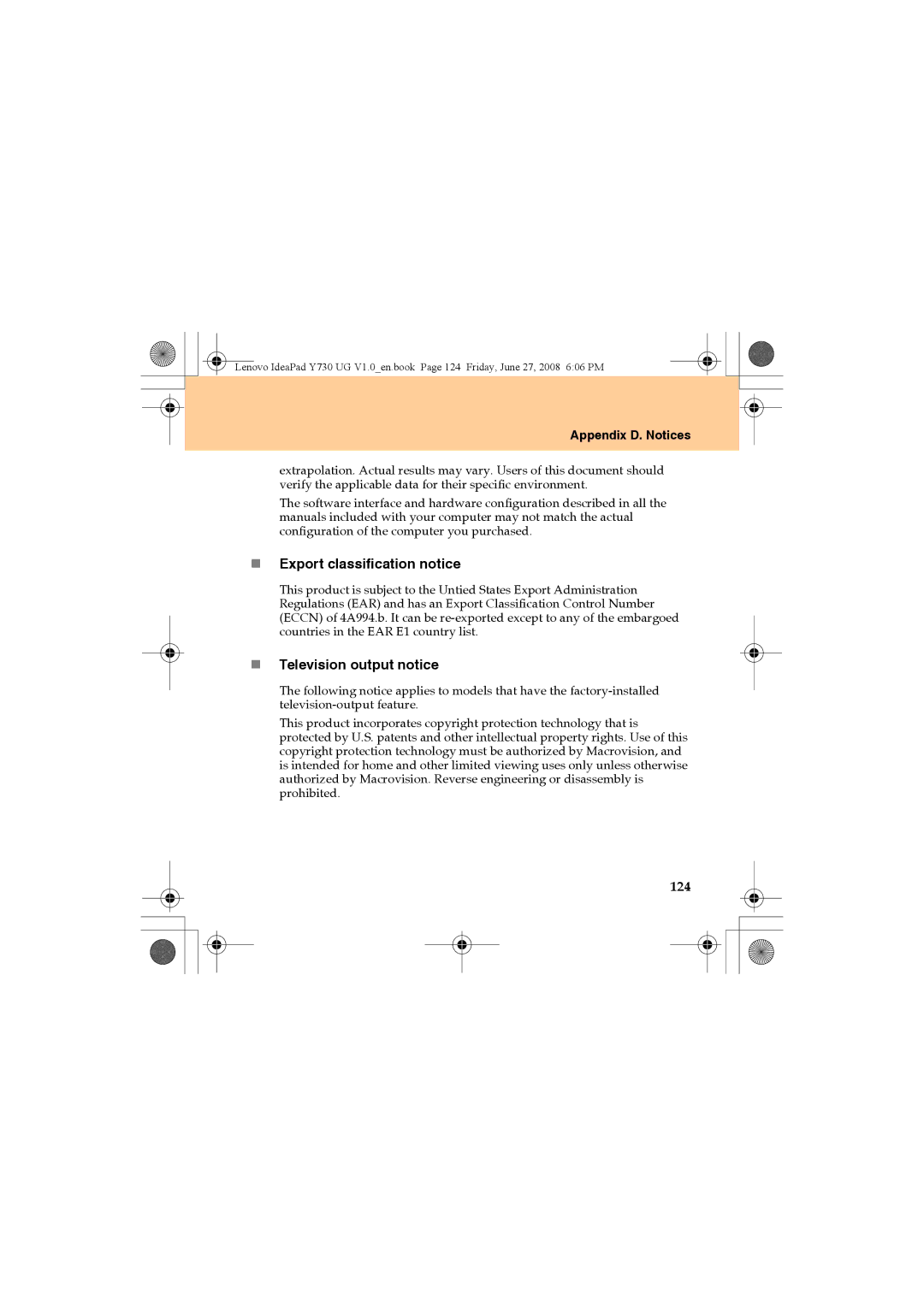 Lenovo Y730 manual „ Export classification notice, „ Television output notice, 124 