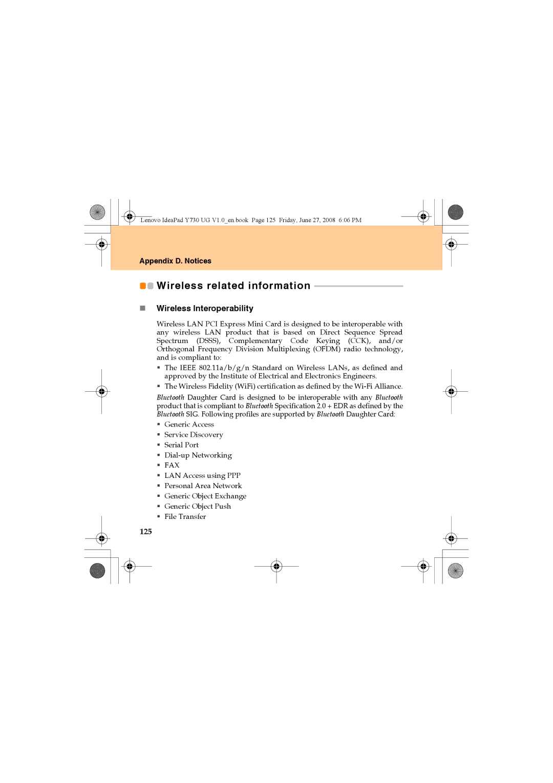 Lenovo Y730 manual Wireless related information, „ Wireless Interoperability, 125 