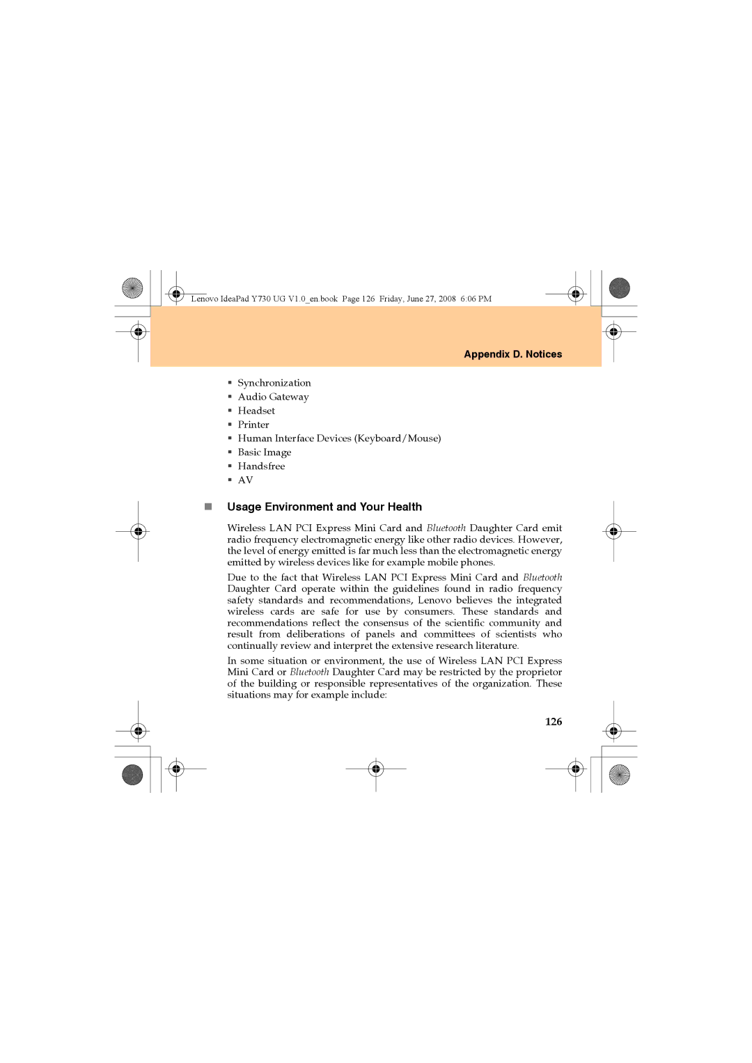 Lenovo Y730 manual „ Usage Environment and Your Health, 126 