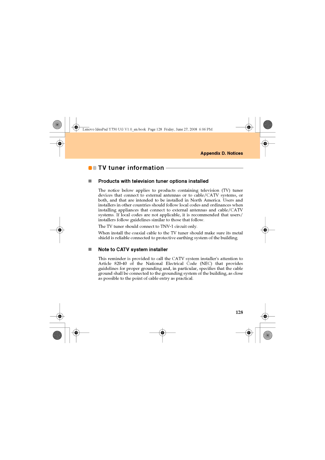 Lenovo Y730 TV tuner information, „ Products with television tuner options installed, „ Note to Catv system installer, 128 