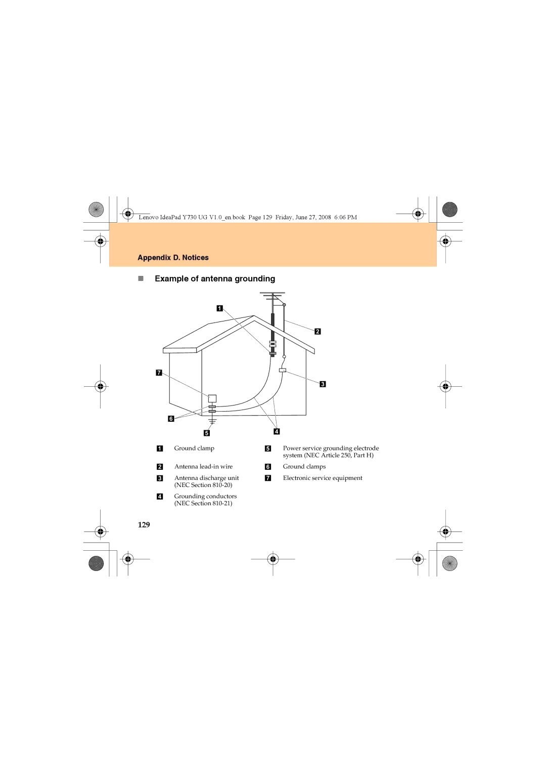 Lenovo Y730 manual „ Example of antenna grounding, 129 