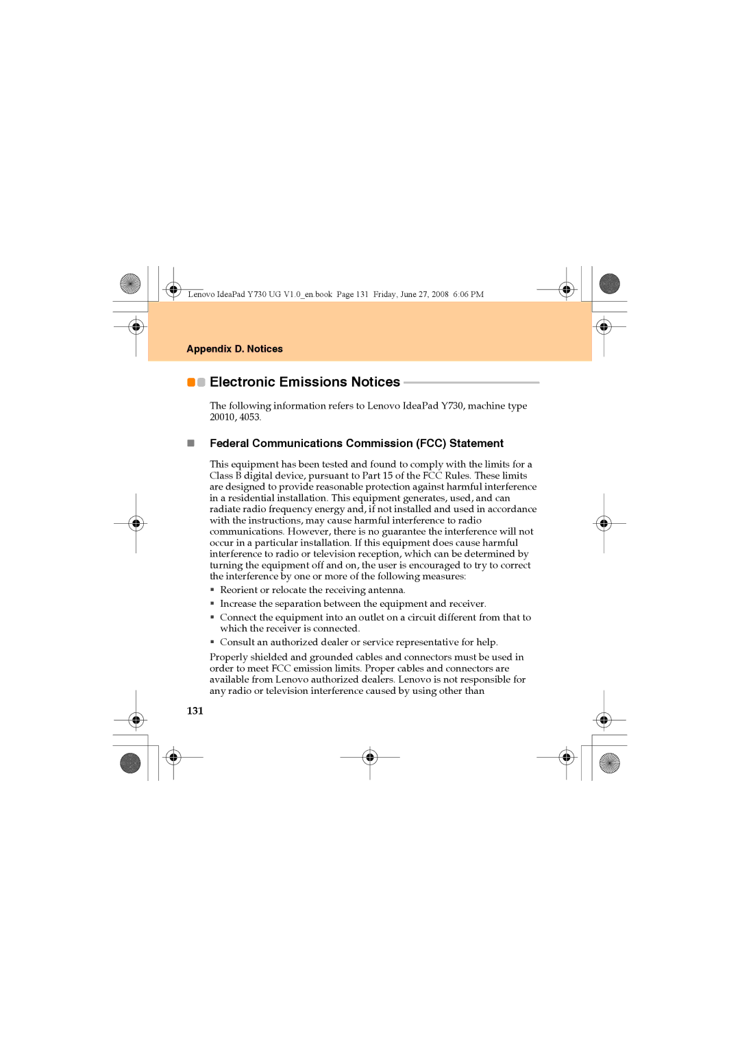 Lenovo Y730 manual Electronic Emissions Notices, „ Federal Communications Commission FCC Statement, 131 