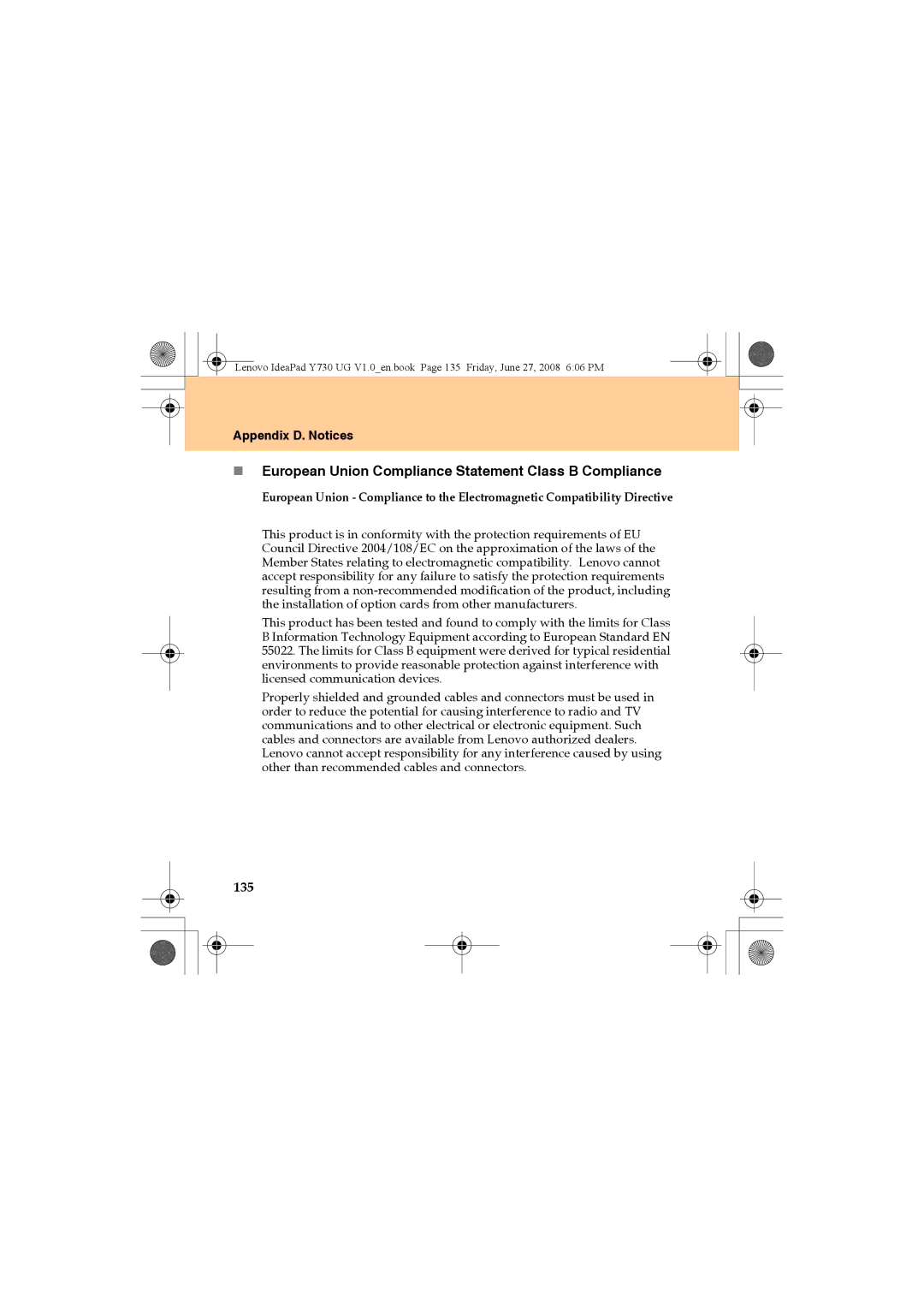 Lenovo Y730 manual „ European Union Compliance Statement Class B Compliance, 135 