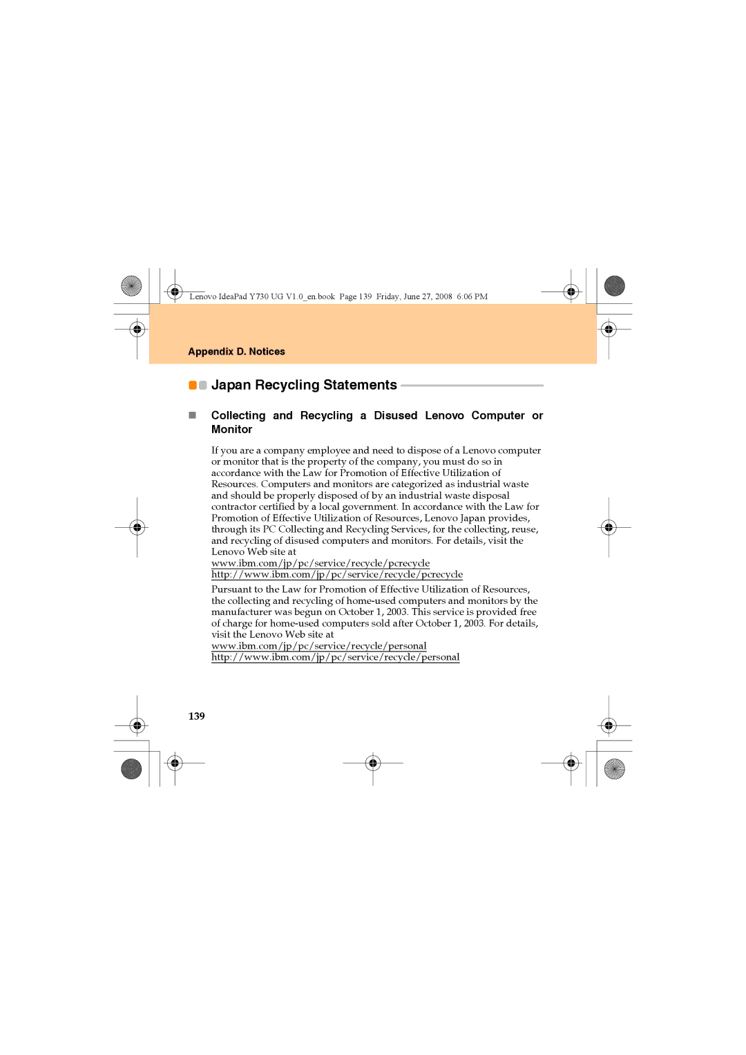 Lenovo Y730 manual Japan Recycling Statements, 139 