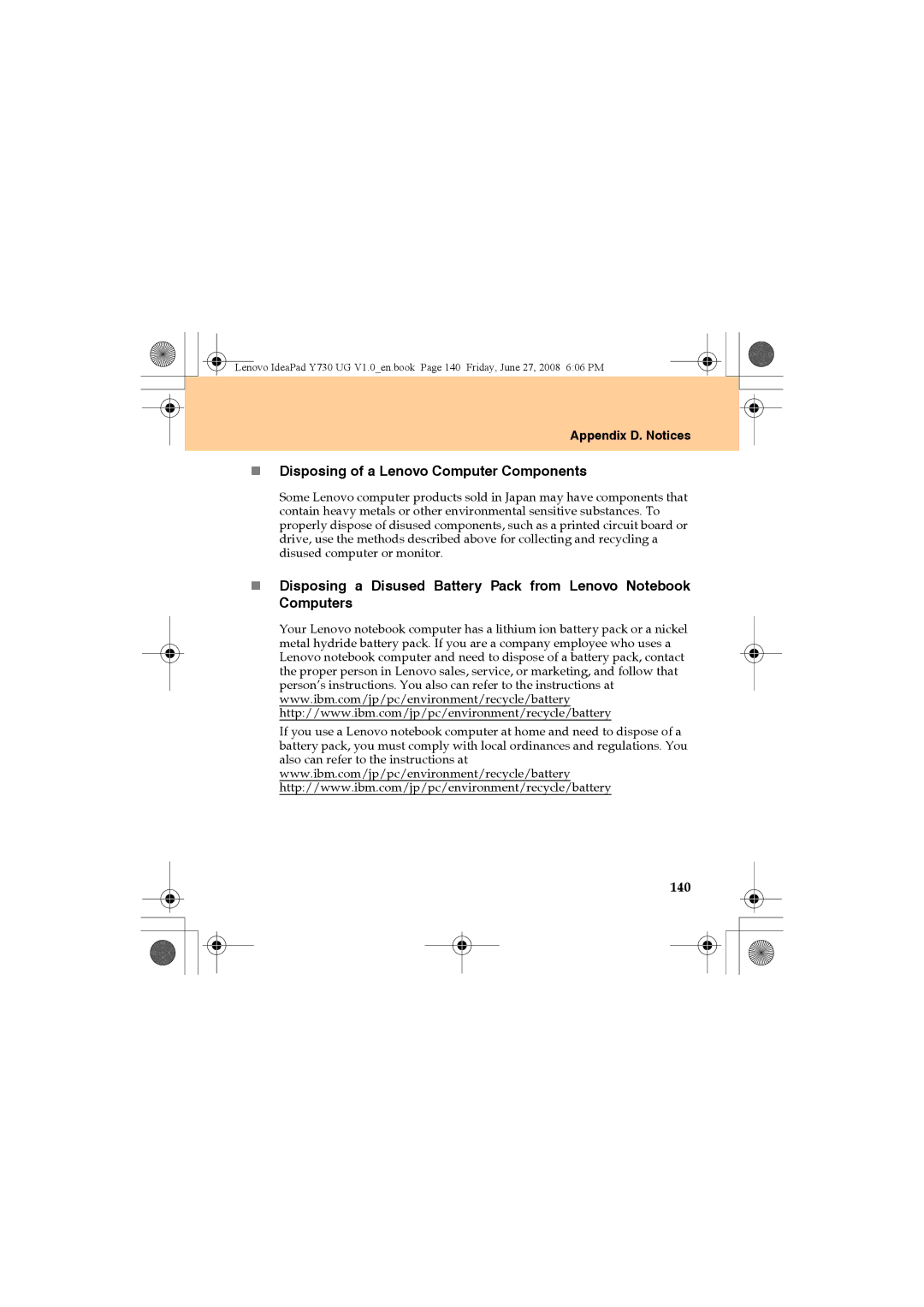 Lenovo Y730 manual „ Disposing of a Lenovo Computer Components, 140 