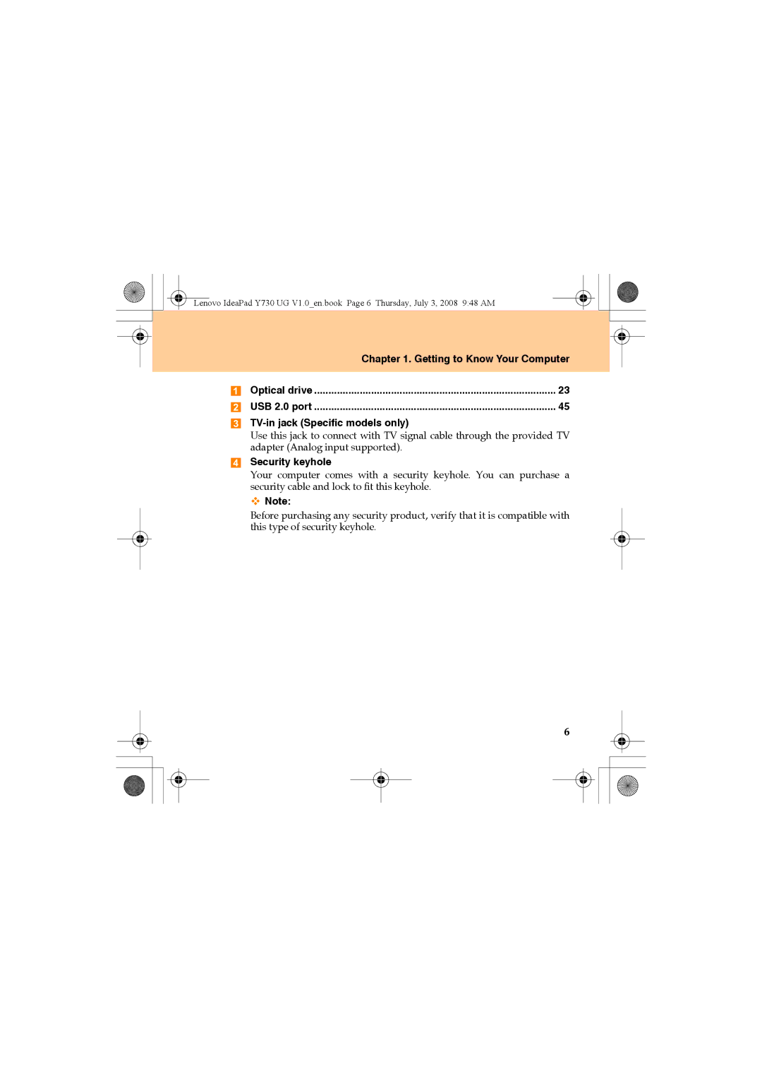 Lenovo Y730 manual TV-in jack Specific models only, Security keyhole 