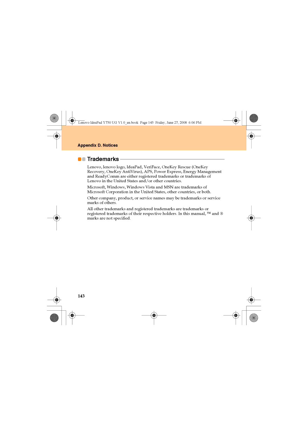 Lenovo Y730 manual Trademarks, 143 