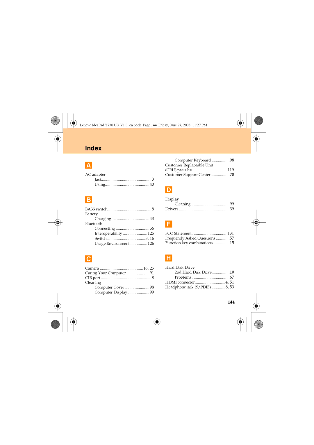 Lenovo Y730 manual Index, 144 